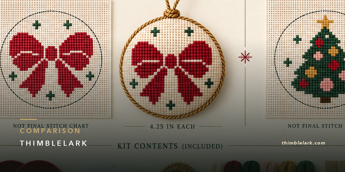 Two needlepoint ornament designs shown as printed canvas designs side by side