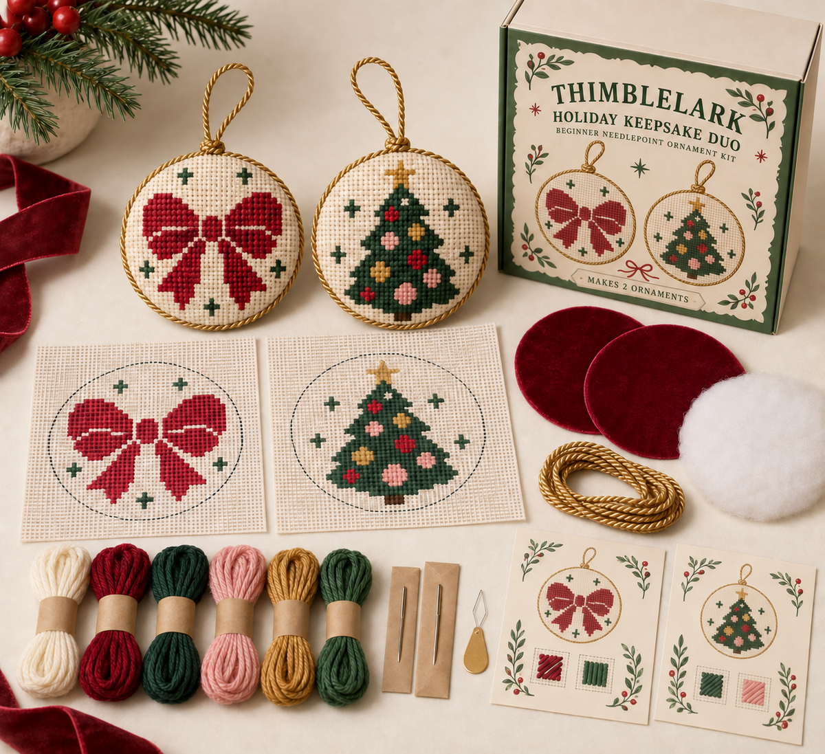 Christmas needlepoint ornament kit duo with cranberry bow and tree designs, yarn and finishing supplies