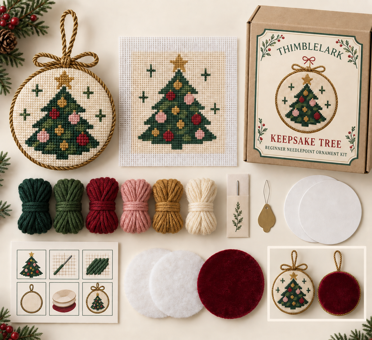 Christmas tree beginner needlepoint ornament kit with printed canvas, yarn, needle and finishing supplies