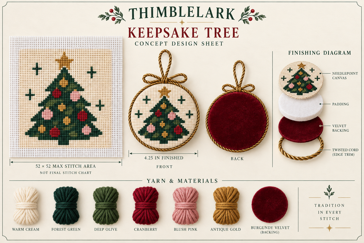 Christmas tree needlepoint ornament design with 4.25 inch finished size and velvet backing