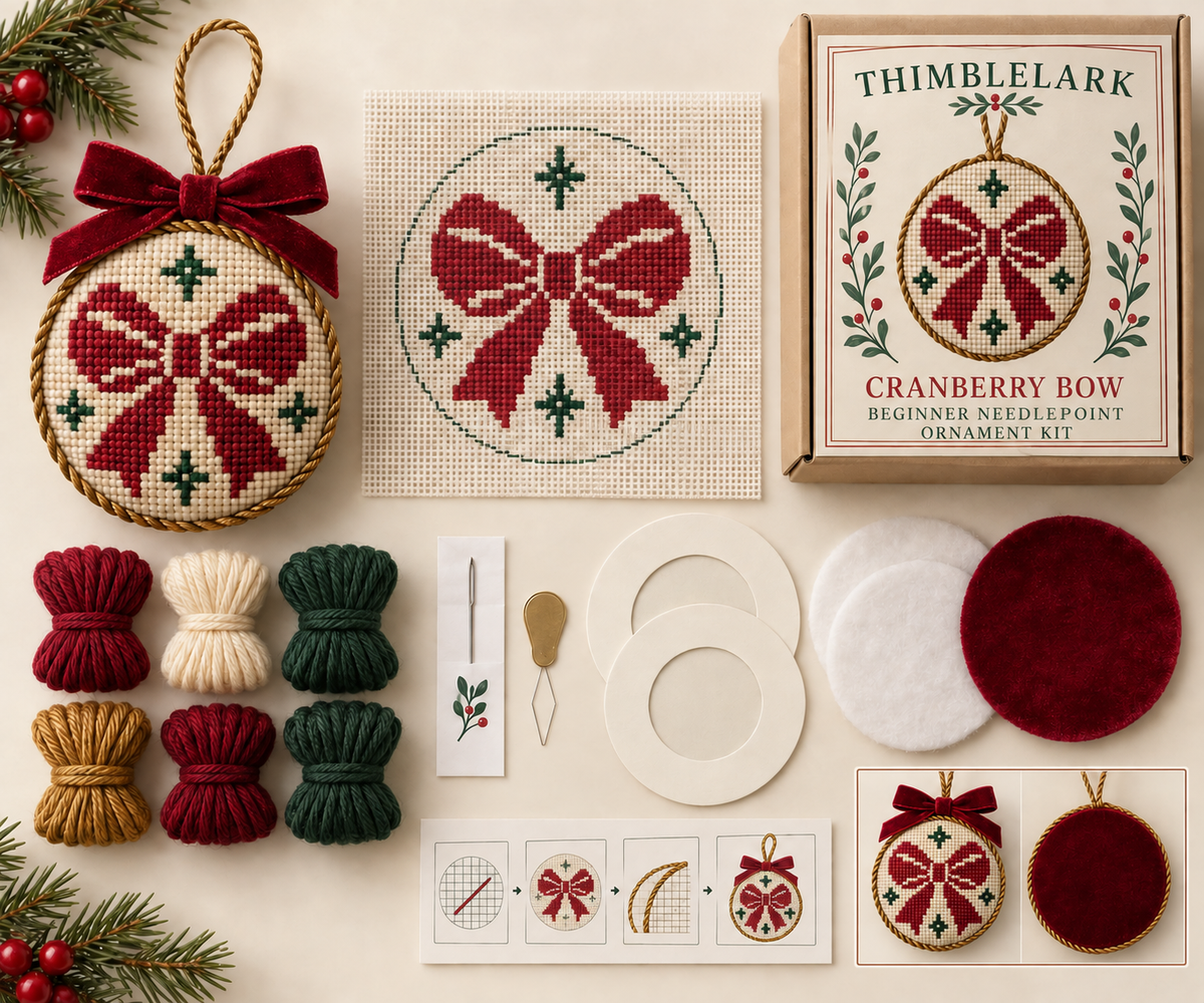 Cranberry bow beginner needlepoint ornament kit with printed canvas, yarn, needle and finishing supplies