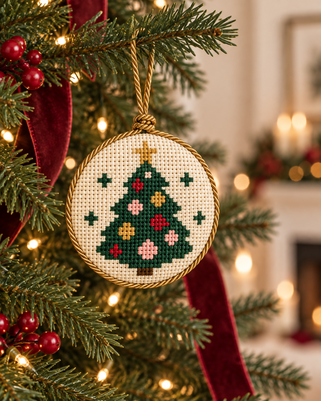 Finished Christmas tree needlepoint ornament hanging from a Christmas tree branch