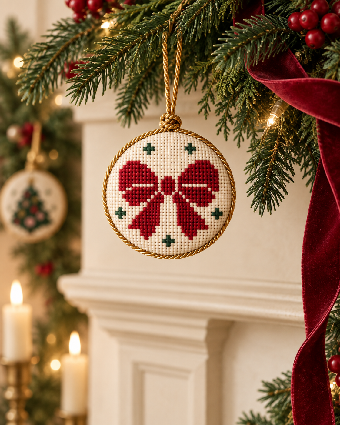Finished cranberry bow needlepoint ornament hanging from an evergreen mantel garland