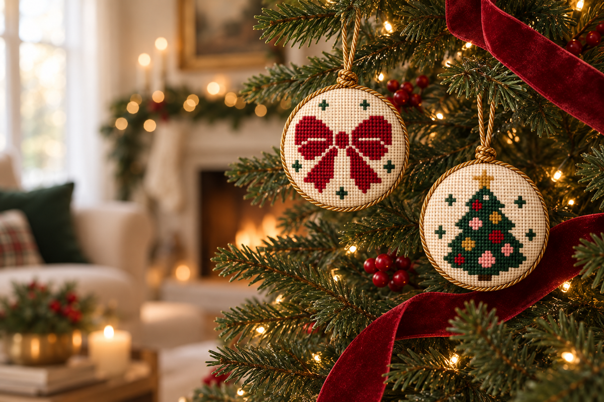 Finished cranberry bow and Christmas tree needlepoint ornaments hanging together on a Christmas tree